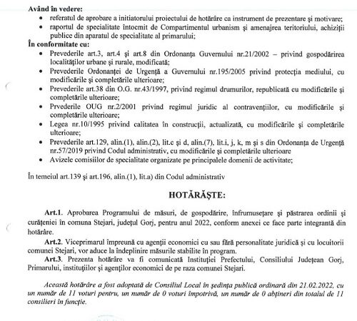 Comuna Stejari a aprobat planul de gospodărire și înfrumusețare