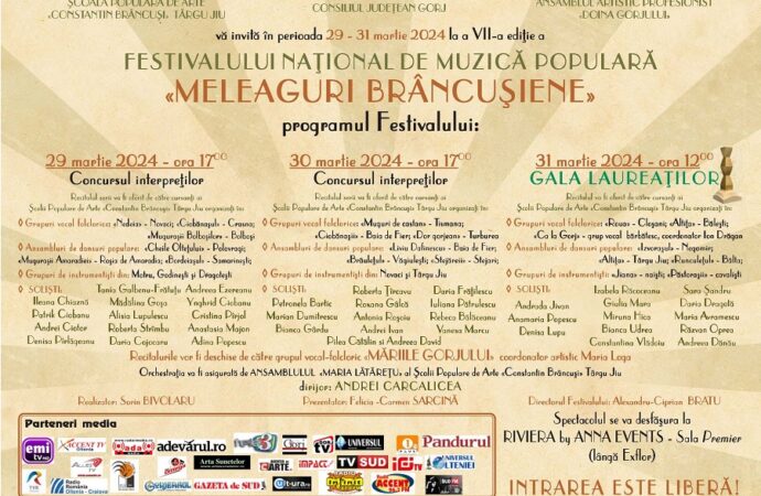 Festivalul ”Meleaguri Brâncușiene” se va desfășura la Târgu Jiu în perioada 29-31 martie