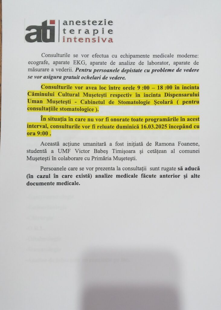 Comuna Mușetești, gazda evenimentului Caravana medicală „Împreună pentru viață” - 13 martie 2025 AccentNews.ro