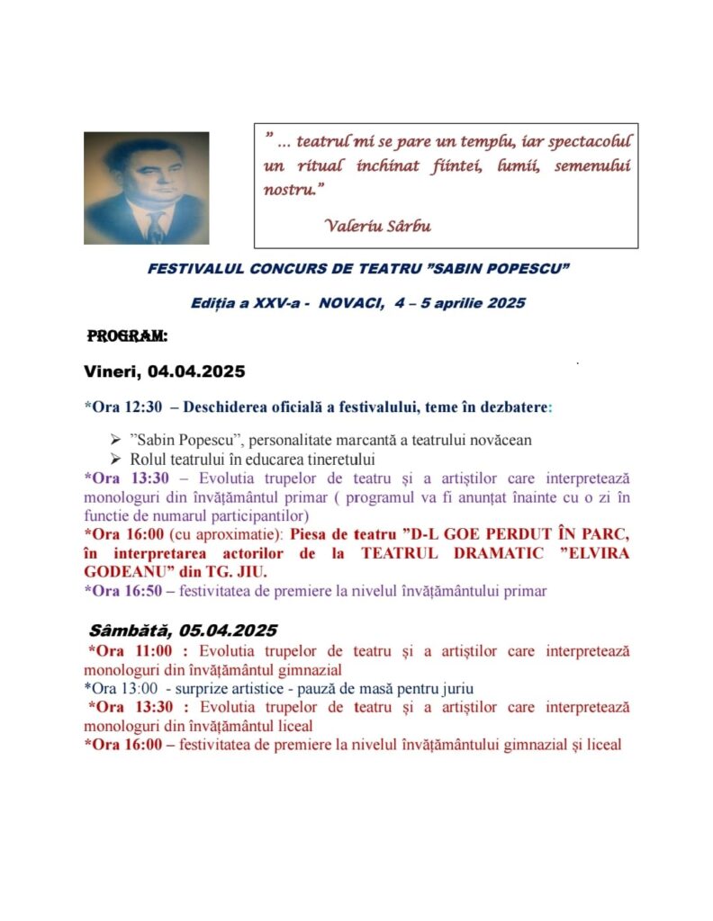 Ultimele înscrieri deschise pentru Festivalul de Teatru „Sabin Popescu” - 1 aprilie 2025 AccentNews.ro