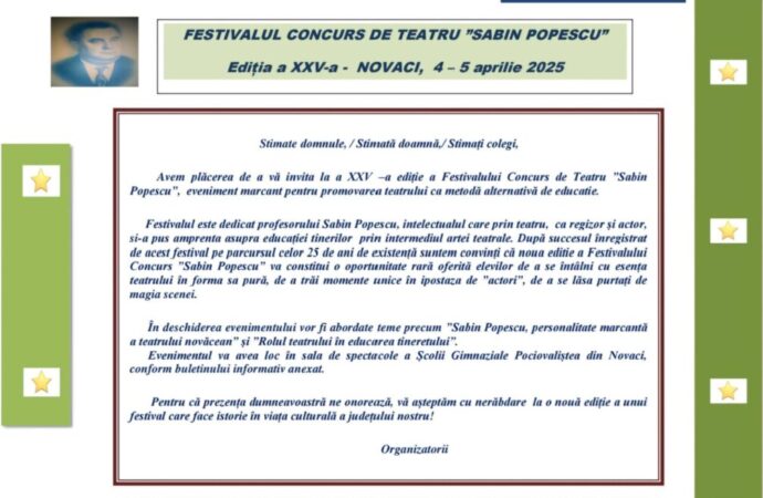 Ultimele înscrieri deschise pentru Festivalul de Teatru „Sabin Popescu”