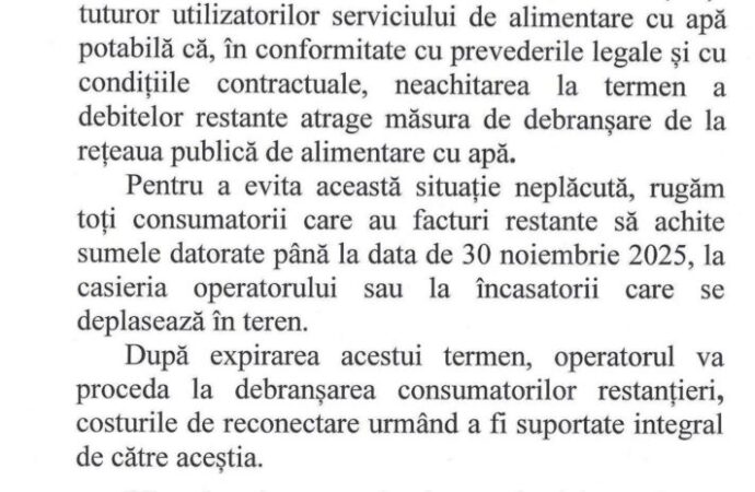 Anunț important pentru utilizatorii de apă din comuna Bălești