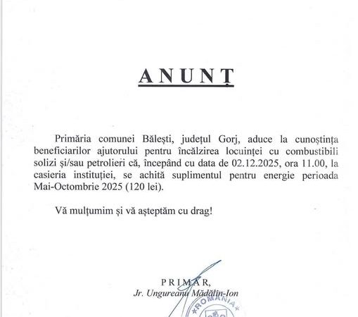 Primăria Bălești începe plata suplimentului pentru energie din 2 decembrie