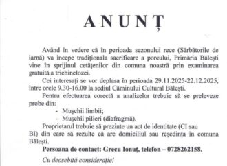 Trichineloza, testată gratuit la Bălești înainte de tăierea porcilor