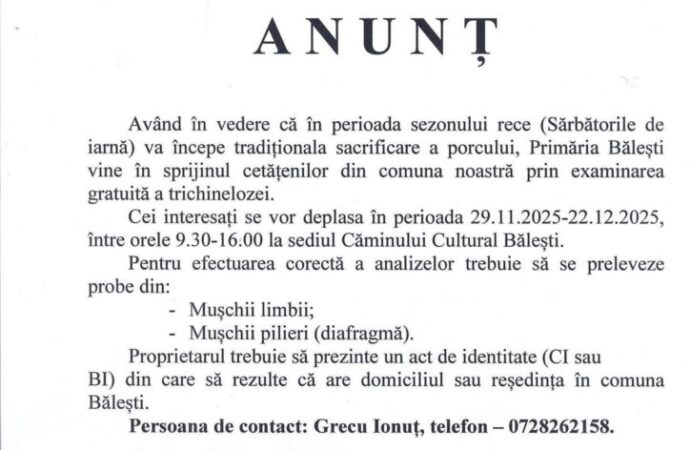 Trichineloza, testată gratuit la Bălești înainte de tăierea porcilor