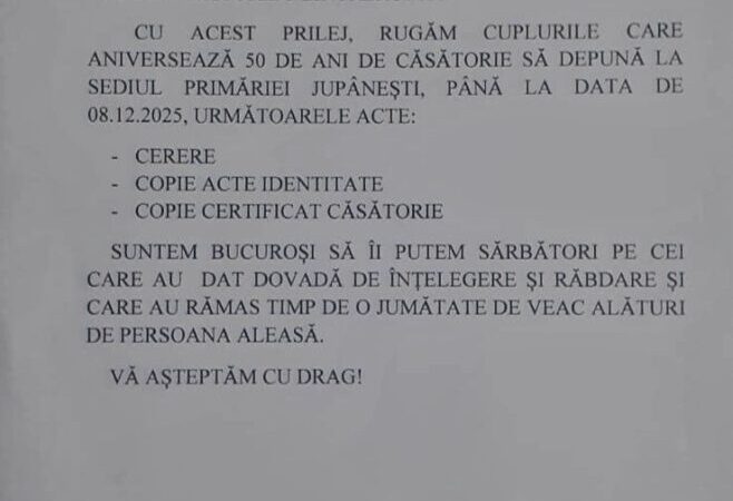 Jupânești celebrează cuplurile cu 50 de ani de căsnicie