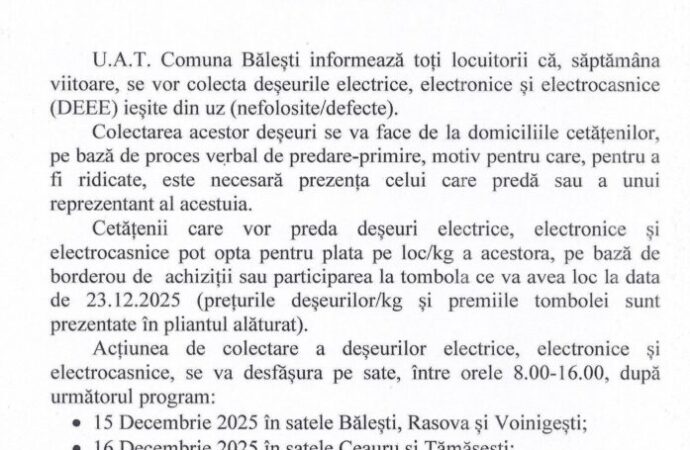 Campanie de colectare a deșeurilor electrice la Bălești
