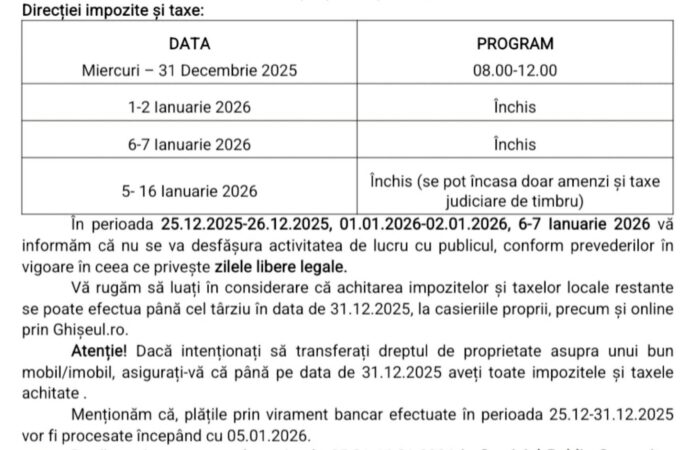 Programul Direcției de Impozite și Taxe Locale Târgu Jiu